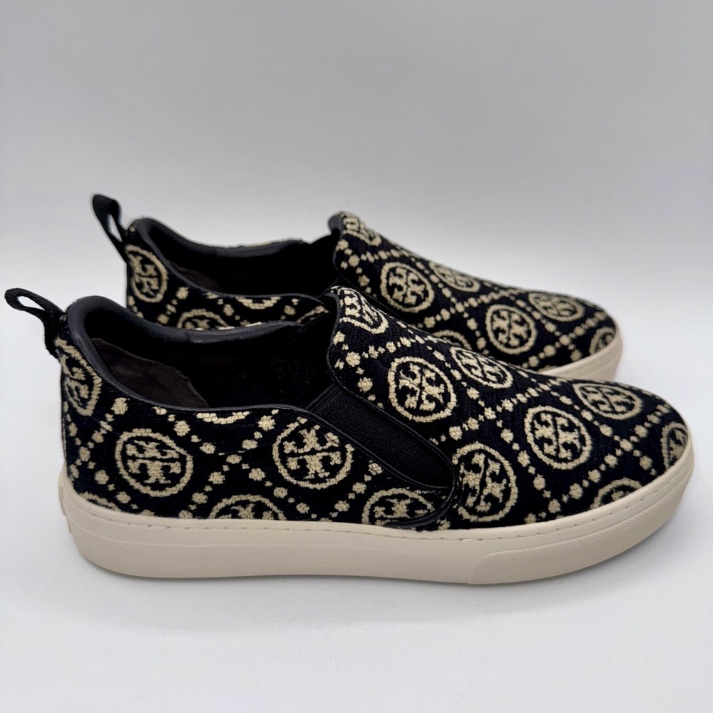 Tory Burch Monogram Soft Embossed Sneakers Women's Size 7.5 Black Chenille - Picture 9 of 13